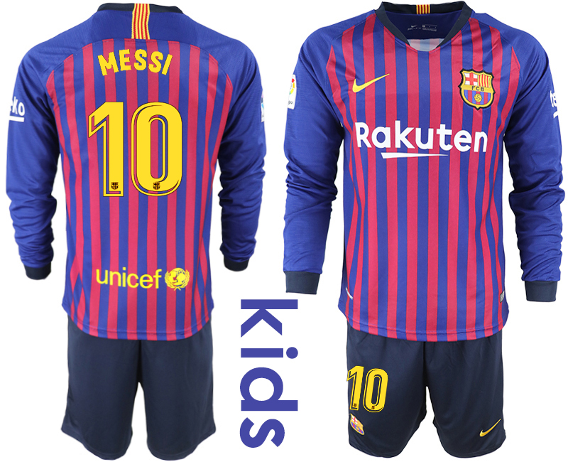2018_2019 Club Barcelona home long sleeve Youth #10 soccer jerseys->customized soccer jersey->Custom Jersey